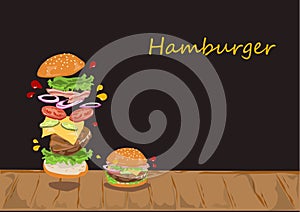 Tasty sandwich or burger vector illustration. Hamburger on wood table with black background