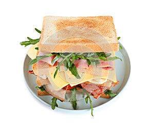 Tasty sandwich with chicken, ham and bacon isolated