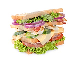 Tasty sandwich with chicken, ham and bacon isolated