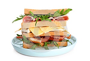 Tasty sandwich with chicken, ham and bacon isolated