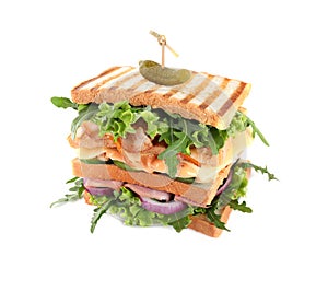 Tasty sandwich with chicken, ham and bacon isolated