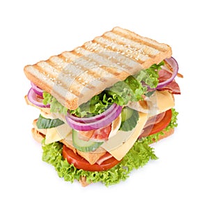 Tasty sandwich with chicken, ham and bacon isolated on white