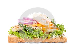 Tasty sandwich with chicken and poached egg isolated