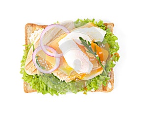 Tasty sandwich with chicken and poached egg isolated on white, top view