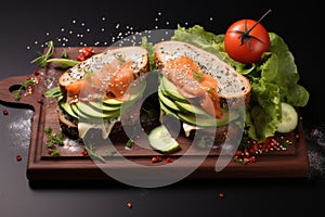 Tasty sandwich features salmon, avocado, sesame, and flax seeds