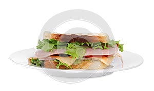 Tasty sandwich with ham isolated on white