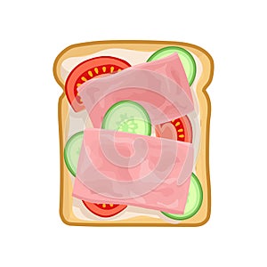 Tasty sandwich with slices of fresh cucumber, tomato and ham. Appetizing snack for lunch. Flat vector icon