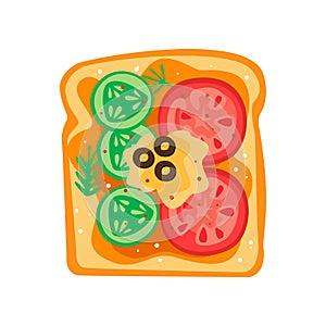 Tasty sandwich with slices of cucumber, tomatoes, fresh cheese and olives. Delicious breakfast. Flat vector design