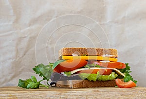 Tasty sandwich with yellow cheddar cheese, bread with cereals, green arugula