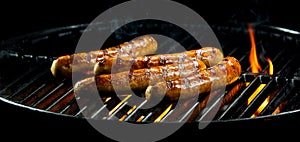 Tasty sausages sizzling on a BBQ fire