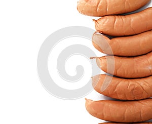 Tasty sausages on white background, top view with space for text