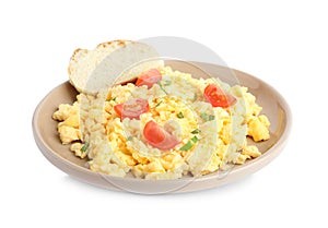 Tasty scrambled eggs with bread and cherry tomato isolated