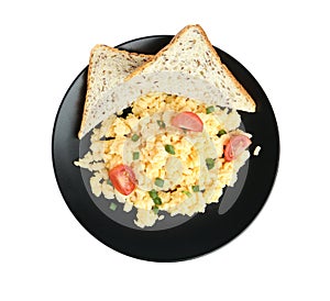 Tasty scrambled eggs with bread and cherry tomato isolated on white