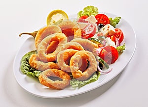 Tasty seafood lunch with squid and Greek salad