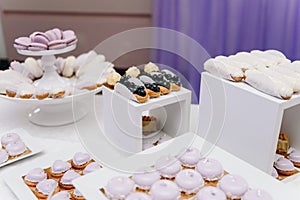 Tasty selection of delicious desserts at buffet table at banquet or party