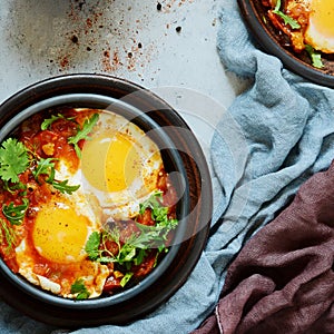 Tasty Shakshuka, Fried Eggs in Tomato Sauce for Easter Brunch. Eggs Poached in Spicy Tomato Pepper Sauce.