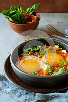 Tasty Shakshuka, Fried Eggs in Tomato Sauce for Easter Brunch. Eggs Poached in Spicy Tomato Pepper Sauce.