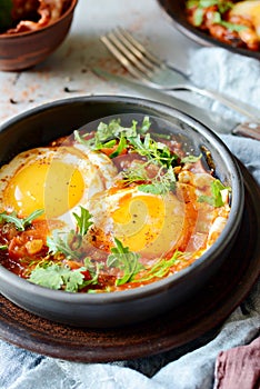 Tasty Shakshuka, Fried Eggs in Tomato Sauce for Easter Brunch. Eggs Poached in Spicy Tomato Pepper Sauce.