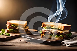 Tasty sliced bread sandwich with melted cheese and smoke coming out lightly toasted food photography