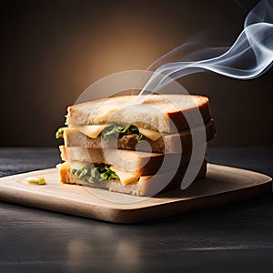 Tasty sliced ??bread sandwich with melted cheese and smoke coming out lightly toasted food photography