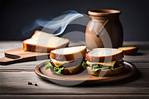 Tasty sliced ??bread sandwich with melted cheese and smoke coming out lightly toasted food photography