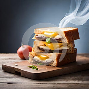 Tasty sliced ??bread sandwich with melted cheese and smoke coming out lightly toasted food photography