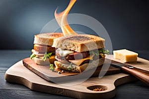 Tasty sliced ??bread sandwich with melted cheese and smoke coming out lightly toasted food photography