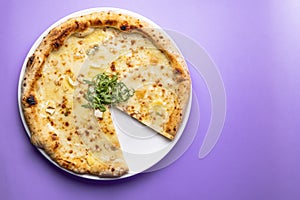 Tasty sliced pizza with fresh arugula and different kinds of cheese. Four cheese pizza, pizza Margarita