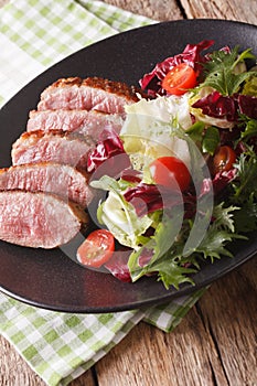 Tasty sliced roast duck breast with fresh vegetable salad close-up. vertical