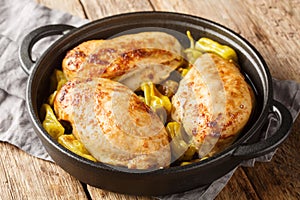 Tasty slow cooked Mississippi Chicken with ranch seasoning, dried au jus gravy mix and pepperoncini peppers closeup on the pan.