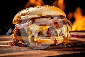 Tasty smash meat burger with cheese on wooden table and fire flames background. Ai generative