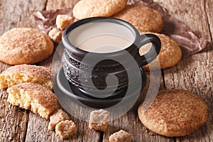 Tasty Snickerdoodle cookies and milk close-up on the table. Hori