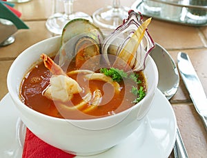 Tasty soup on a table at restaurant