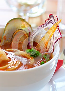 Tasty soup on a table at restaurant