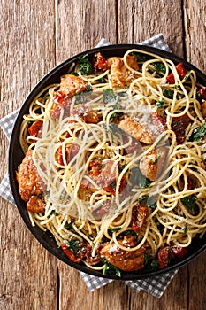 Tasty spaghetti with fried chicken, dried tomatoes and spinach close-up on a plate. Vertical top view