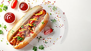 Tasty spicy hot dog garnished with mustard, ketchup, onions, and fresh herbs, with small bowls of hot tomato sauce. Generative AI