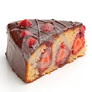 Tasty strawberry flavor cake slice glazed with chocolate isolated on white background photo