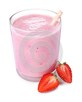 Tasty strawberry milk shake and fresh berries isolated