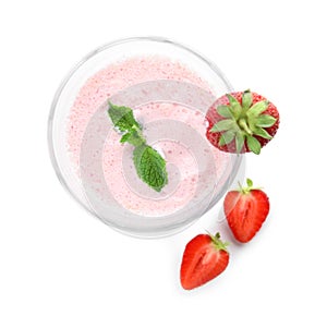 Tasty strawberry milk shake and fresh berries isolated on white, top view