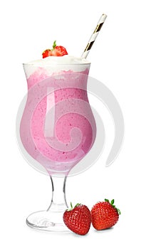 Tasty strawberry milk shake with whipped cream and fresh berries isolated