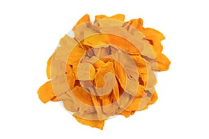Tasty sugar mango slices background. Top view