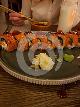 Tasty sushi set in rich Japanese restaurant of Odessa Ukraine