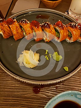 Tasty sushi set in rich Japanese restaurant of Odessa Ukraine