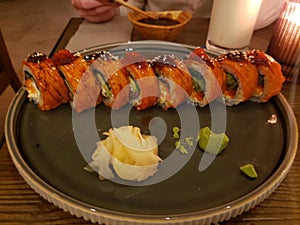 Tasty sushi set in rich Japanese restaurant of Odessa Ukraine