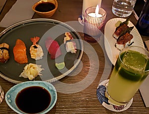 Tasty sushi set in rich Japanese restaurant of Odessa Ukraine