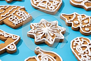 Tasty sweet Christmas cookies on a background