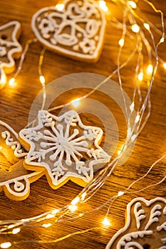 Tasty sweet Christmas cookies on a background