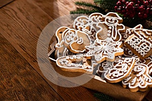 Tasty sweet Christmas cookies on a background