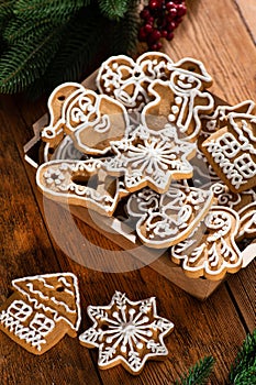 Tasty sweet Christmas cookies on a background