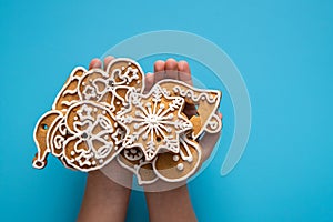 Tasty sweet Christmas cookies on a background